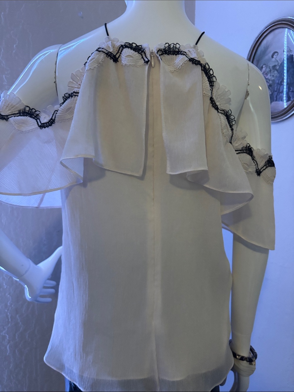 Off-Shoulder White Ruffle Camisole with Black Trim - Picture 8 of 9